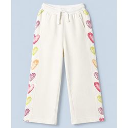 Pine Kids Cotton Blend Knit Full Length Track Pant with Hearts Print in Offwhite