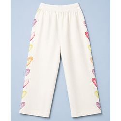 Pine Kids Cotton Blend Knit Full Length Track Pant with Hearts Print in Offwhite