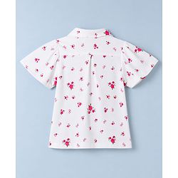 Pine Kids Cotton Knit Half Sleeves Woven Top with Floral & Bow Print - White
