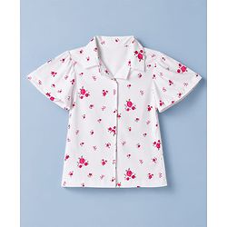 Pine Kids Cotton Knit Half Sleeves Woven Top with Floral & Bow Print - White