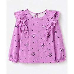 Pine Kids Cotton Knit Full Sleeves Top with Frill Detailing and Floral Print - Fuchsia
