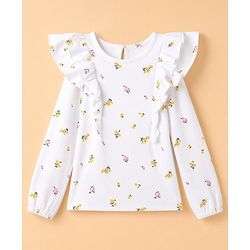 Pine Kids Cotton Knit Tops with Full Sleeves and Floral Print in White