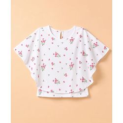 Pine Kids Cotton Knit Top with Flutter Sleeves and Floral Print - White
