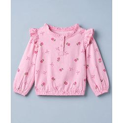Pine Kids 100% Cotton Knit Full Sleeves Top with Frill Detailing and Rose Print in Pink