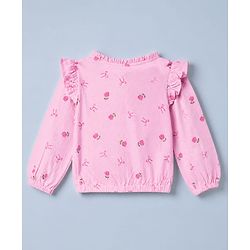 Pine Kids 100% Cotton Knit Full Sleeves Top with Frill Detailing and Rose Print in Pink