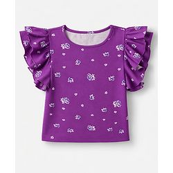 Pine Kids Cotton Knit Half  Sleeves Top with Floral Print - Purple
