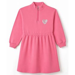 Pine Kids Cotton Knit Winter Dress with Full Sleeves and Love Print - Pink