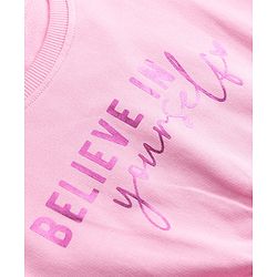 Pine Kids Cotton Knit Winter Frock with Full Sleeves and Believe In Yourself Print in Pink for 4-5 Years