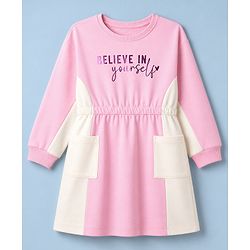 Pine Kids Cotton Knit Winter Frock with Full Sleeves and Believe In Yourself Print in Pink for 4-5 Years