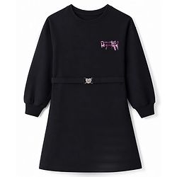 Pine Kids Cotton Knit Full Sleeves  Sweatshirt Winter Frock with Text Glitter Print & Belt - Black