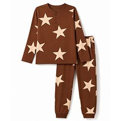 Pine Kids Cotton Knit Full Sleeves T-Shirt & Pyjama Co-ords Night Suit With Star Print - Brown