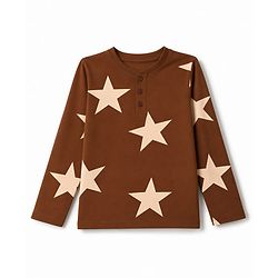Pine Kids Cotton Knit Full Sleeves T-Shirt & Pyjama Co-ords Night Suit With Star Print - Brown
