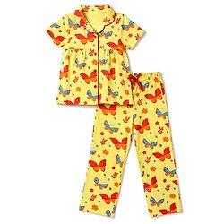 Pine Kids Cotton Knit Half Sleeves Top & Pyjama Co-ords Night Suit With Butterfly Print - Light Yellow