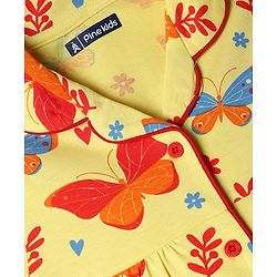 Pine Kids Cotton Knit Half Sleeves Top & Pyjama Co-ords Night Suit With Butterfly Print - Light Yellow