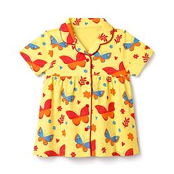 Pine Kids Cotton Knit Half Sleeves Top & Pyjama Co-ords Night Suit With Butterfly Print - Light Yellow