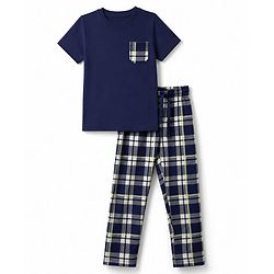Pine Kids Cotton Knit Half Sleeves T-Shirt & Checked Pyjama Night Suit - Blue