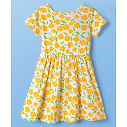 Pine Kids Cotton Knit Half Sleeves Floral Printed Frock - Yellow