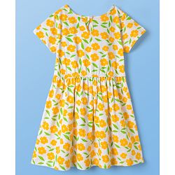 Pine Kids Cotton Knit Half Sleeves Floral Printed Frock - Yellow