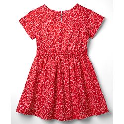 Pine Kids Cotton Knit Half Sleeves Floral Printed Dress -Red