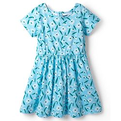 Pine Kids Cotton Knit Half Sleeves Floral Printed Dress -Light Blue