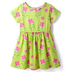 Pine Kids Cotton Knit Half Sleeves Floral Printed Dress - Light Green