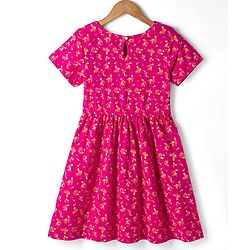 Pine Kids Cotton Knit One Piece Dress with Short Sleeves and Floral Print - Pink