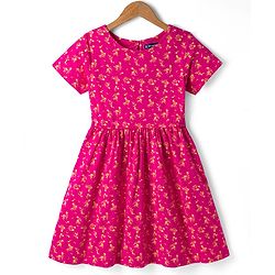 Pine Kids Cotton Knit One Piece Dress with Short Sleeves and Floral Print - Pink