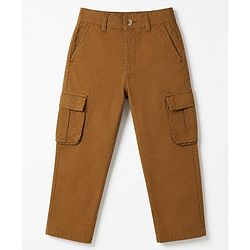Pine Kids Cotton Elastane Woven Full Length Solid Trousers With Cargo Pockets in Brown