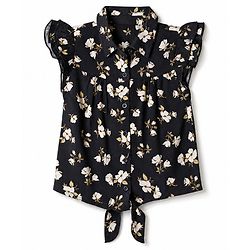Pine Kids Viscose Woven Knotted Top with Flutter Sleeve with Floral Print - Black