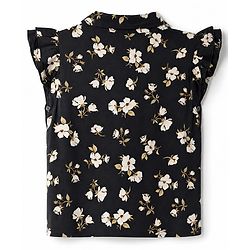 Pine Kids Viscose Woven Knotted Top with Flutter Sleeve with Floral Print - Black