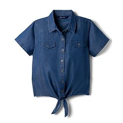 Pine Kids 100% Cotton Woven Denim Top with Half Sleeves & Knot in Navy Blue