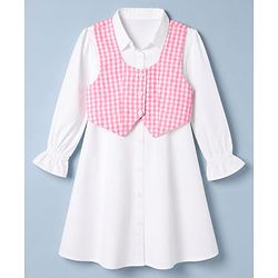 Pine Kids 100% Cotton Woven Full Sleeves Frock with Checked Jacket - White