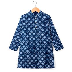 Pine Kids Cotton Woven Full Sleeves Kolka Printed Kurta - Navy Blue
