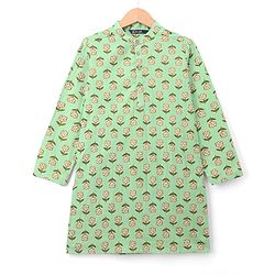 Pine Kids Cotton Woven Full Sleeves Kurta With Floral Print - Light Green