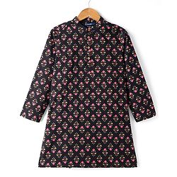 Pine Kids 100% Cotton Woven Full Sleeves Floral Printed Kurta - Black