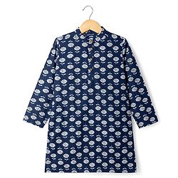 Pine Kids Cotton Woven Full Sleeves Floral Printed Kurta - Navy Blue