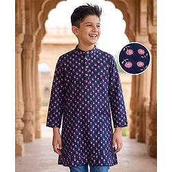 Pine Kids Cotton Woven Full Sleeves Floral Printed Kurta - Navy