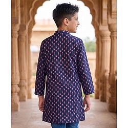 Pine Kids Cotton Woven Full Sleeves Floral Printed Kurta - Navy
