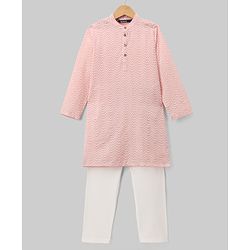 Pine Kids Cotton Woven Full Sleeves Zig Zag Printed Kurta Pyjama Set - Light Pink