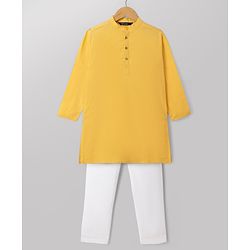 Pine Kids Cotton Woven Full Sleeves Solid Kurta Pyjama Set - Mustard