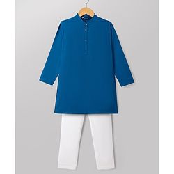 Pine Kids Cotton Woven Full Sleeves Solid Kurta Pyjama Set - Navy Blue