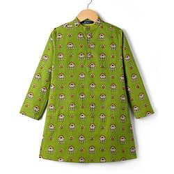 Pine Kids Cotton Woven Full Sleeves Floral Printed Kurta - Olive Green