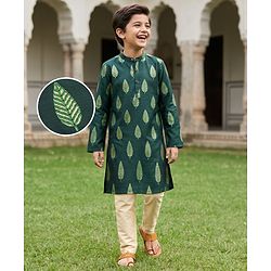 Pine Kids Woven Full Sleeves Kurta Pyjama Set With Leaf Embroidery - Green
