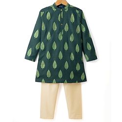 Pine Kids Woven Full Sleeves Kurta Pyjama Set With Leaf Embroidery - Green