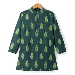 Pine Kids Woven Full Sleeves Kurta Pyjama Set With Leaf Embroidery - Green