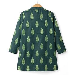 Pine Kids Woven Full Sleeves Kurta Pyjama Set With Leaf Embroidery - Green