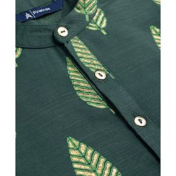 Pine Kids Woven Full Sleeves Kurta Pyjama Set With Leaf Embroidery - Green