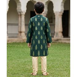 Pine Kids Woven Full Sleeves Kurta Pyjama Set With Leaf Embroidery - Green