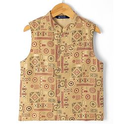Pine Kids Woven Full Sleeves Kurta Pyjama Set and Waistcoat with Geometric Print - Maroon