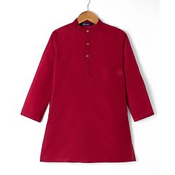 Pine Kids Woven Full Sleeves Kurta Pyjama Set and Waistcoat with Geometric Print - Maroon